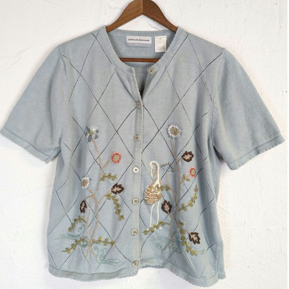 Vtg Alfred Dunner Floral Embroidered Cardigan Sweater Blue Crane XL Petite Gram